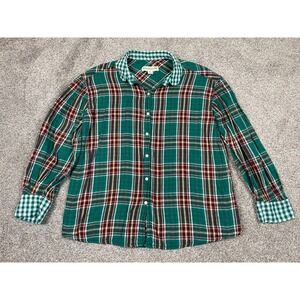 Eliza Faulkner Shirt Womens Large Green Button Down Plaid Cotton Cottage Prairie